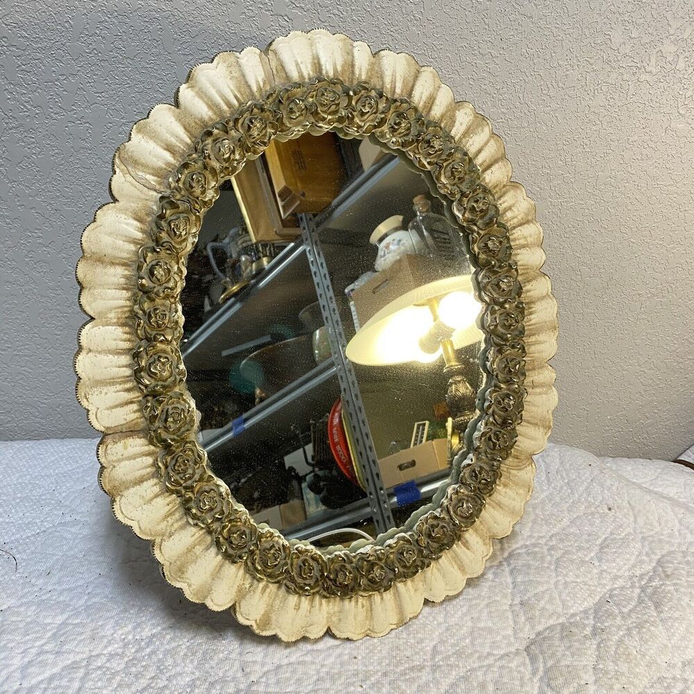 Vintage Syroco Wood 18" Vanity Top Oval Mirror Roses Border Gold Easel Back